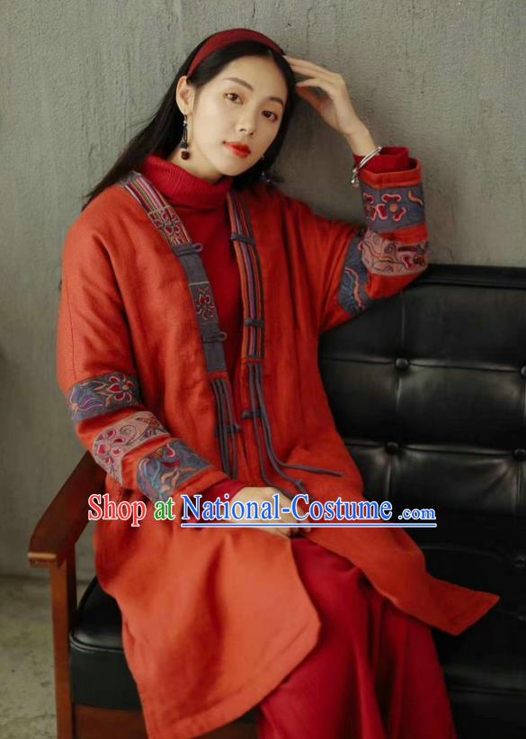 China National Embroidered Cotton Padded Coat Traditional Winter Costume Tang Suit Women Red Overcoat