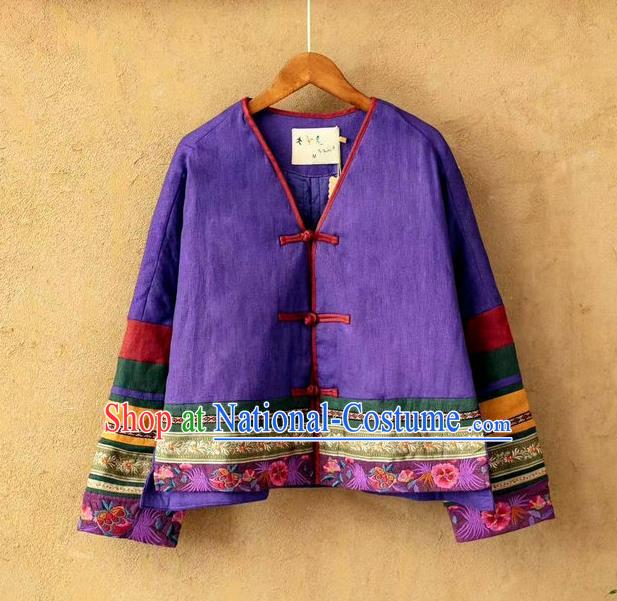 China National Purple Flax Cotton Padded Jacket Traditional Winter Costume Women Tang Suit Embroidered Coat