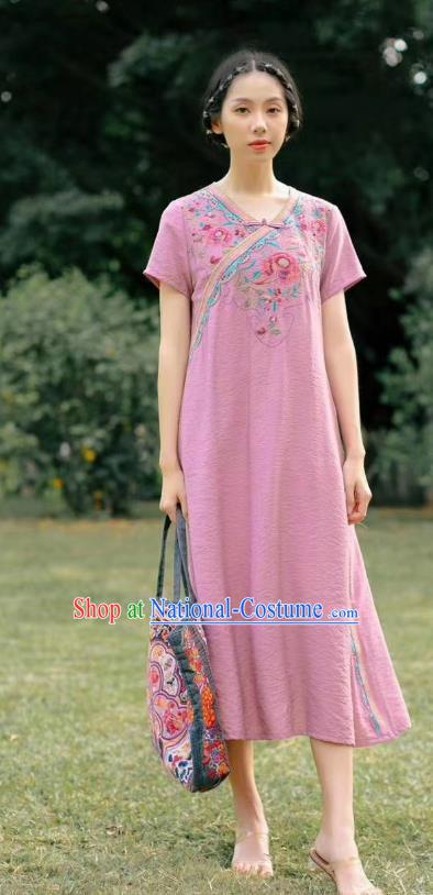 Chinese Traditional Embroidered Clothing National Pink Flax Qipao Dress Women Slant Opening Cheongsam