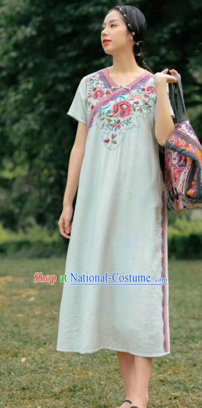 Chinese National White Flax Qipao Dress Women Slant Opening Cheongsam Traditional Embroidered Clothing