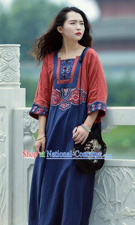 Chinese National Navy Flax Dress Women Traditional Embroidered Robe Clothing