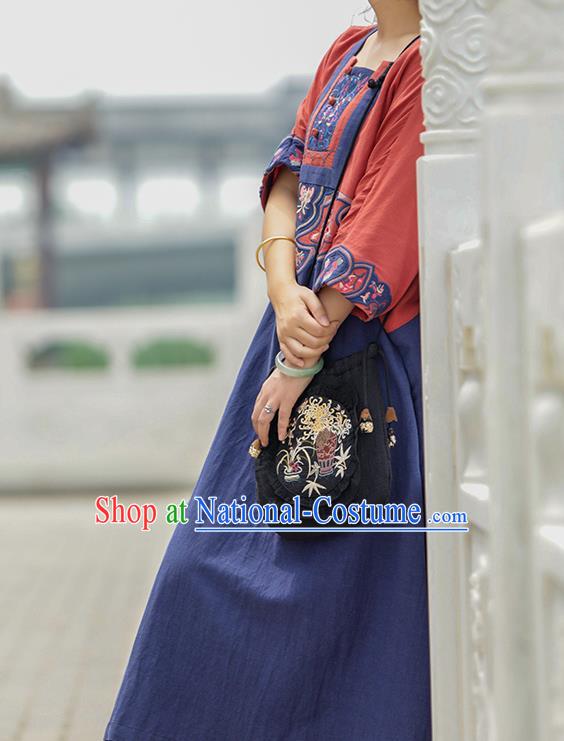 Chinese National Navy Flax Dress Women Traditional Embroidered Robe Clothing