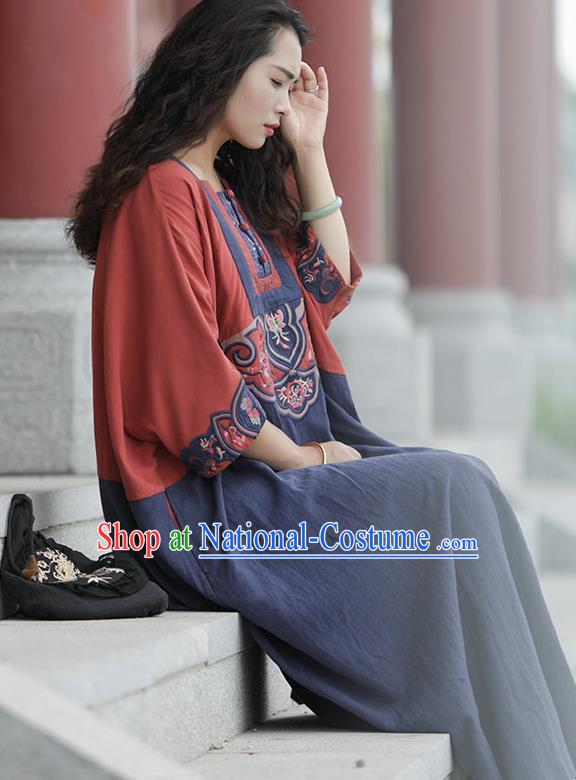 Chinese National Navy Flax Dress Women Traditional Embroidered Robe Clothing