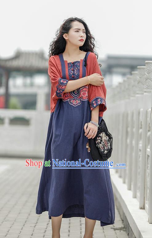 Chinese National Navy Flax Dress Women Traditional Embroidered Robe Clothing