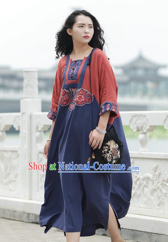 Chinese National Navy Flax Dress Women Traditional Embroidered Robe Clothing