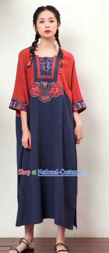 Chinese National Navy Flax Dress Women Traditional Embroidered Robe Clothing