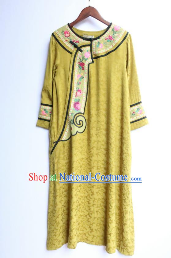 Chinese Women Traditional Embroidered Classical Cheongsam Clothing National Yellow Qipao Dress