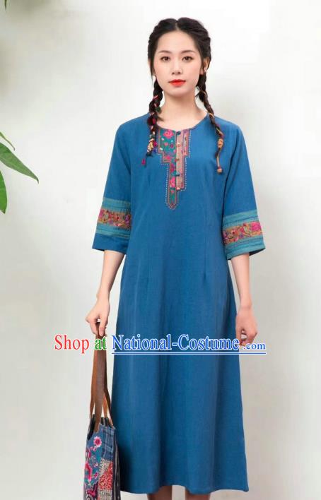 Chinese National Embroidered Costume Women Traditional Clothing Blue Flax Dress