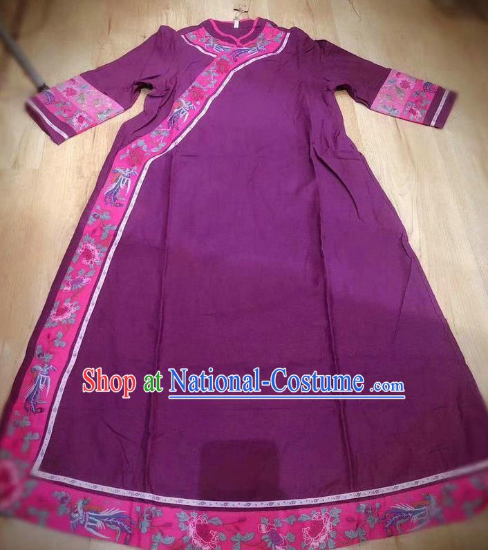 Chinese Embroidered Costume Women Traditional Cheongsam Clothing National Purple Flax Qipao Dress