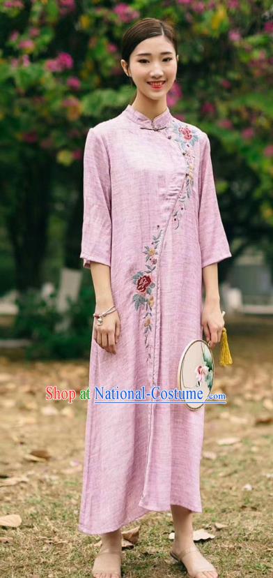 Chinese Embroidered Peony Costume National Pink Flax Qipao Dress Women Traditional Cheongsam Clothing