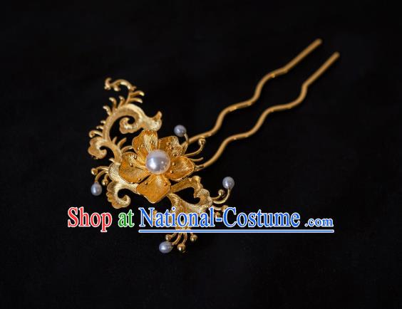 China Handmade Ancient Golden Fissidens Flower Hairpin Ming Dynasty Hair Accessories