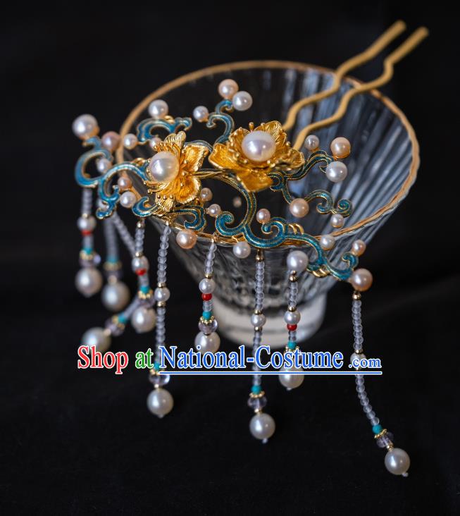 Handmade China Ancient Princess Beads Tassel Hairpin Ming Dynasty Court Lady Enamel Hair Accessories