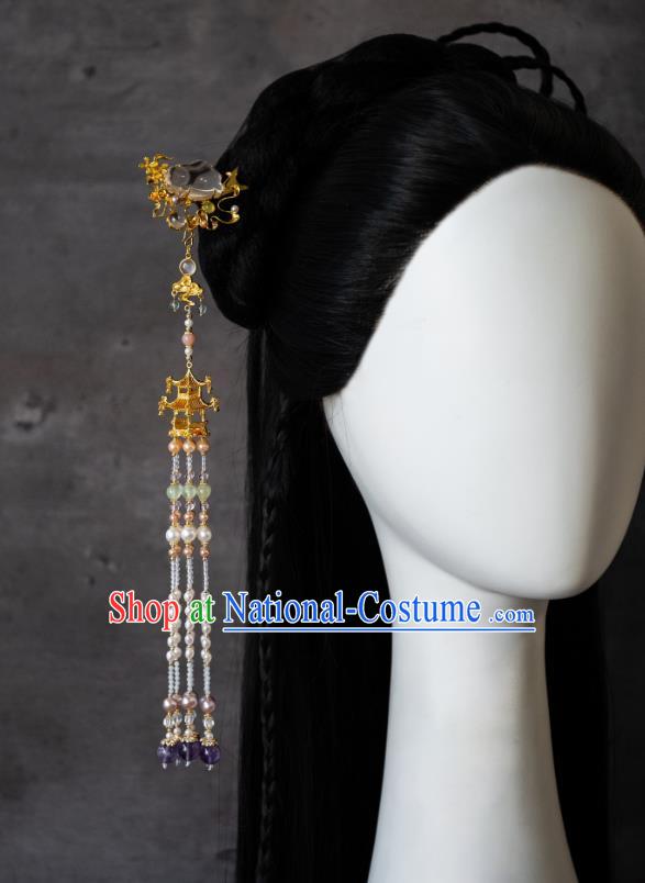 China Ancient Palace Pearls Tassel Step Shake Princess Osmanthus Rabbit Hairpin Ming Dynasty Gilding Hair Accessories