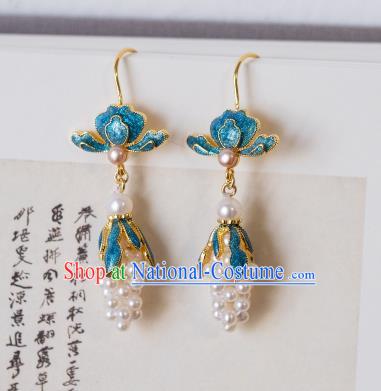 China Imperial Palace Enamel Ear Jewelry Traditional Qing Dynasty Court Women Pearls Grape Earrings