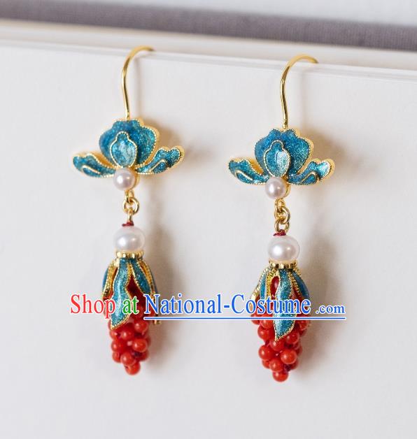 China Traditional Qing Dynasty Court Women Red Beads Grape Earrings Imperial Palace Enamel Ear Jewelry