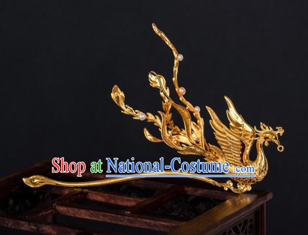 China Ancient Palace Gilding Phoenix Hairpin Ming Dynasty Queen Hair Accessories Hair Stick