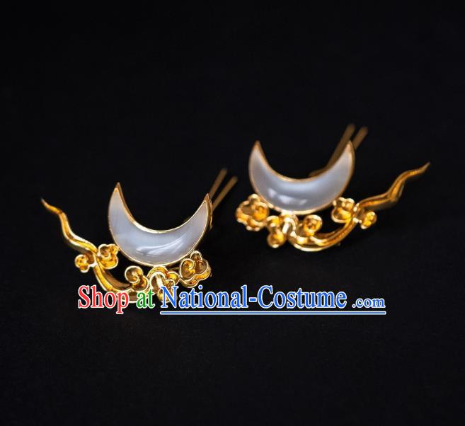 China Ming Dynasty Opal Moon Hair Accessories Ancient Palace Empress Gilding Hairpins Hair Claws