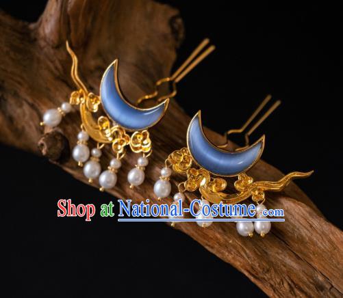 China Ancient Hair Claws Ming Dynasty Blue Opal Moon Hair Accessories Palace Empress Gilding Hairpins