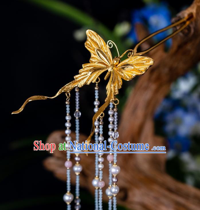 China Traditional Butterfly Tassel Hairpins Song Dynasty Palace Hair Stick Ancient Court Empress Gilding Hair Accessories