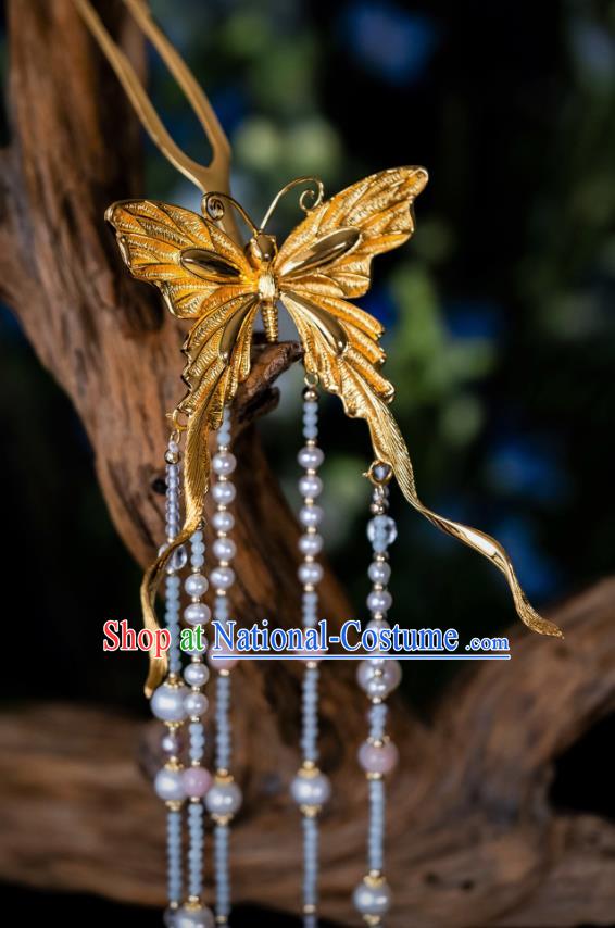 China Traditional Butterfly Tassel Hairpins Song Dynasty Palace Hair Stick Ancient Court Empress Gilding Hair Accessories