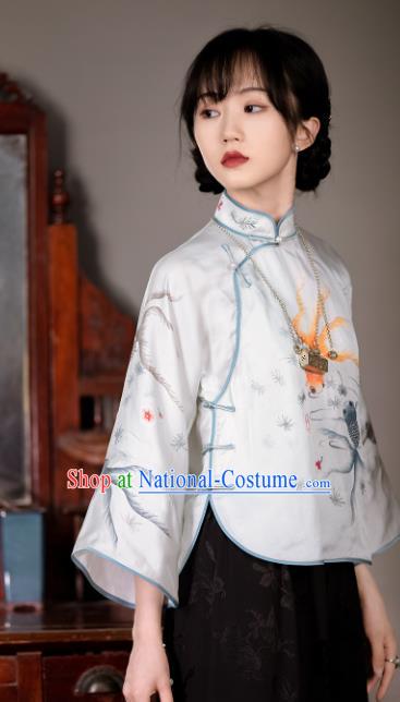 China Tang Suit Upper Outer Garment Traditional Printing Goldfish White Silk Blouse