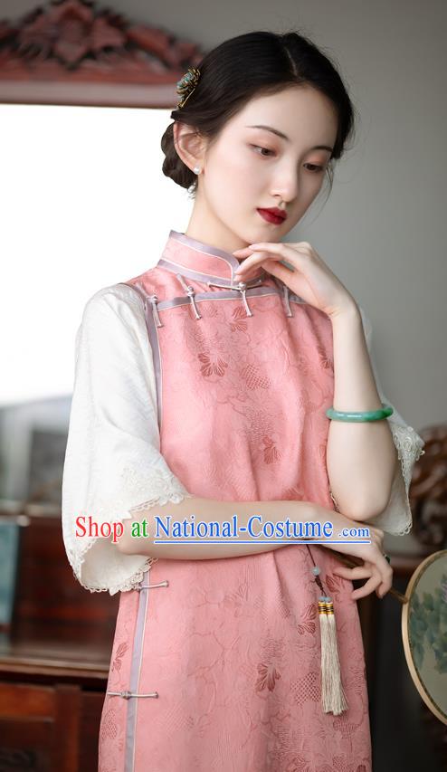 Republic of China Pink Silk Cheongsam Classical Pattern Qipao Dress Traditional National Costume