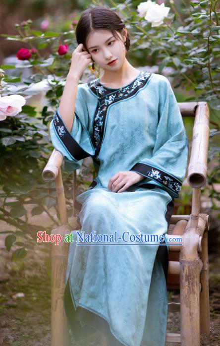 Republic of China Light Blue Silk Qipao Dress Traditional National Costume Qing Dynasty Cheongsam