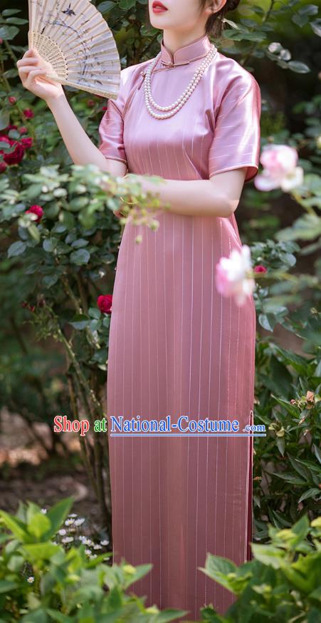 Republic of China National Cheongsam Pink Silk Qipao Dress Traditional Classical Costume