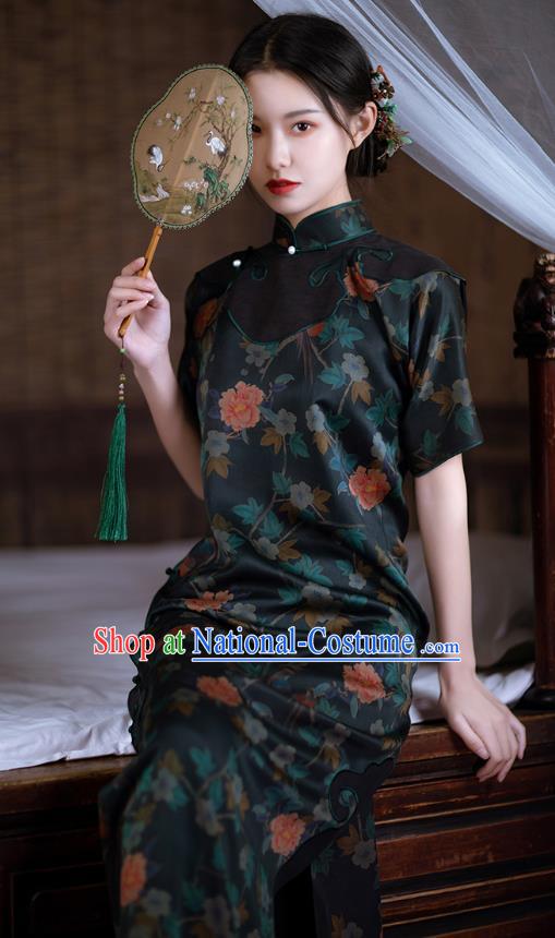 Republic of China Traditional Printing Peony Dark Green Silk Qipao Dress National Cheongsam Classical Costume