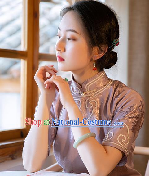 Republic of China Classical Costume Women Dress National Embroidered Cheongsam Traditional Grape Pattern Lilac Silk Qipao