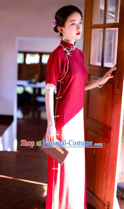 China National Women Dress Classical Costume Traditional Silk Qipao Red Cheongsam