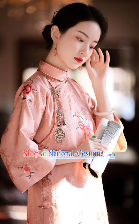 China Classical Pink Silk Cheongsam Traditional Qipao Costume National Women Embroidered Peony Dress