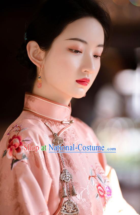 China Classical Pink Silk Cheongsam Traditional Qipao Costume National Women Embroidered Peony Dress