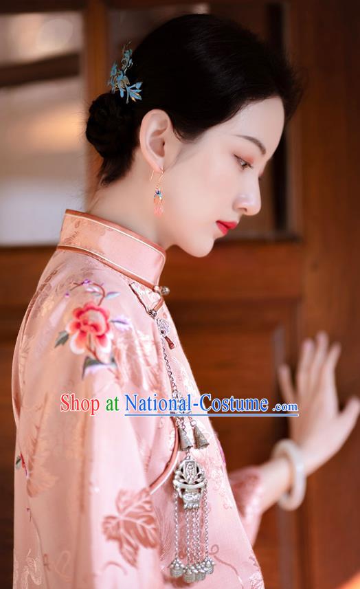 China Classical Pink Silk Cheongsam Traditional Qipao Costume National Women Embroidered Peony Dress