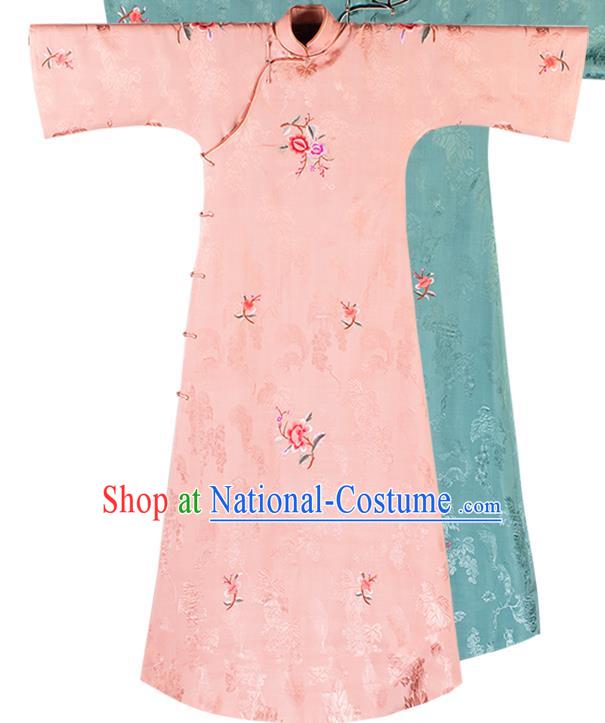 China Classical Pink Silk Cheongsam Traditional Qipao Costume National Women Embroidered Peony Dress