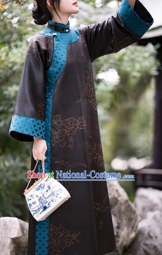 China Traditional Black Silk Qipao Costume Classical Cheongsam National Women Dress