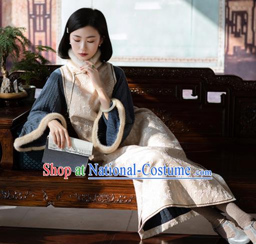 China Traditional Beige Qipao Costume National Women Dress Classical Cheongsam