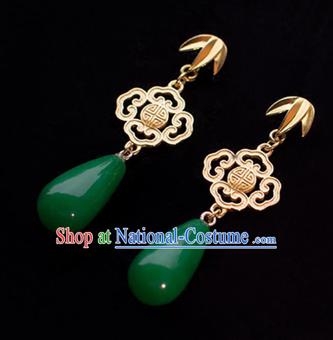 Chinese Classical Golden Bamboo Leaf Earrings Traditional Handmade Qing Dynasty Jade Ear Accessories