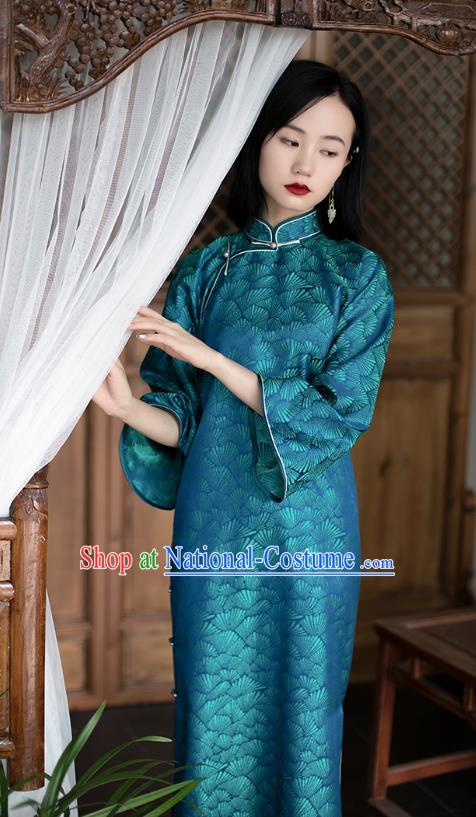 China Traditional Costume Blue Silk Qipao National Women Dress Classical Cheongsam