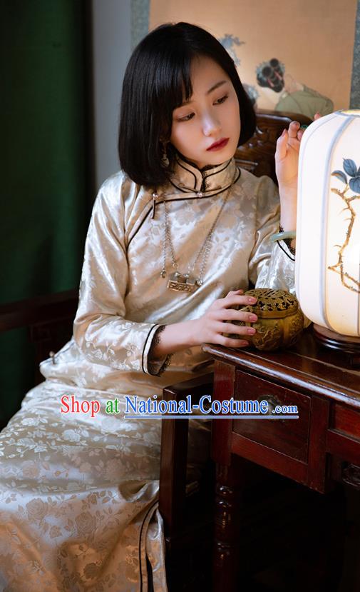 China Traditional Beige Silk Qipao Costume National Women Dress Classical Cheongsam