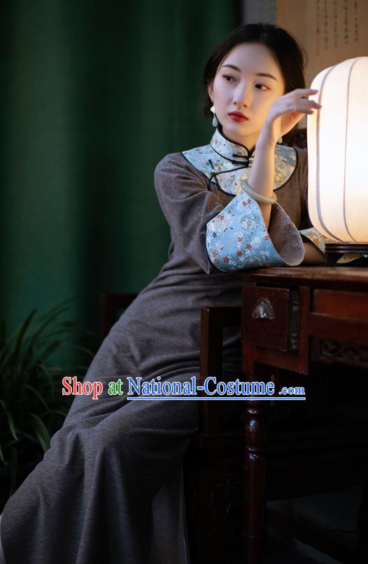 China Traditional Winter Costume National Women Dress Classical Cheongsam Brown Woolen Qipao