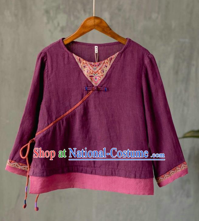 China Traditional Cheongsam Upper Outer Garment Tang Suit Costume National Women Embroidered Purple Flax Blouse