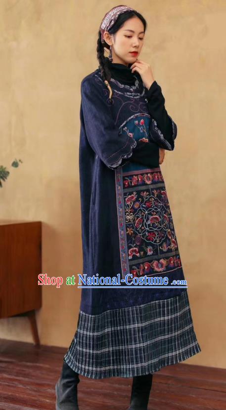 Chinese Retro Embroidered Navy Flax Dress Traditional National Women Cheongsam Clothing