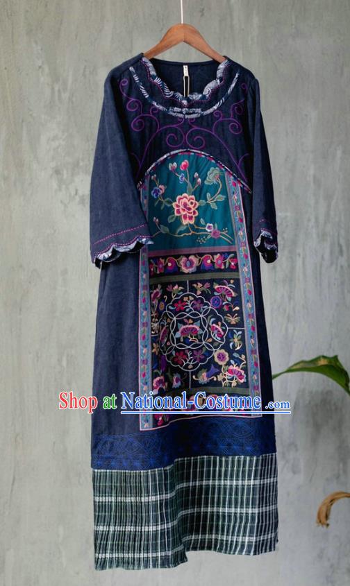 Chinese Retro Embroidered Navy Flax Dress Traditional National Women Cheongsam Clothing