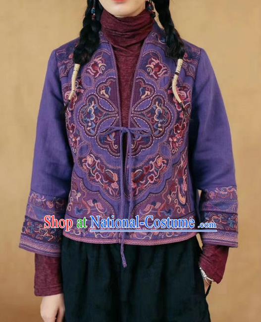 China National Embroidered Purple Flax Jacket Traditional Women Outer Garment Tang Suit Costume