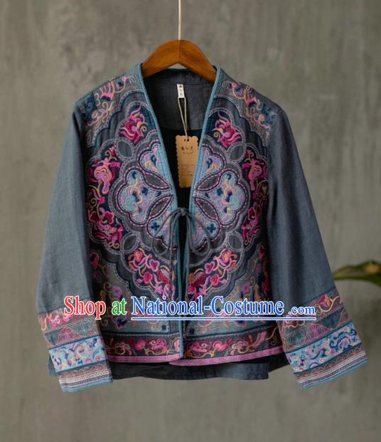 China Traditional Women Outer Garment Tang Suit Costume National Embroidered Grey Flax Jacket