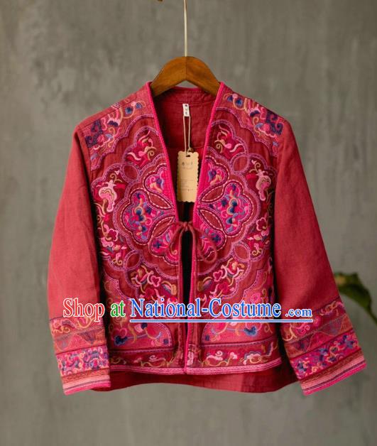 China Tang Suit Costume National Embroidered Red Flax Jacket Traditional Women Outer Garment