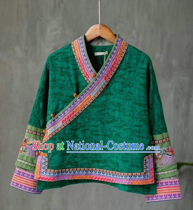 China Traditional Women Upper Outer Garment National Embroidered Shirt Tang Suit Green Flax Blouse Costume