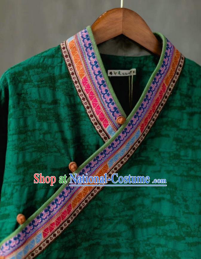 China Traditional Women Upper Outer Garment National Embroidered Shirt Tang Suit Green Flax Blouse Costume