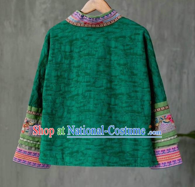 China Traditional Women Upper Outer Garment National Embroidered Shirt Tang Suit Green Flax Blouse Costume